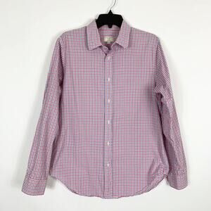 Club Monaco Button Down Shirt Men's Medium Slim Fit Casual Blue Pink Check Plaid